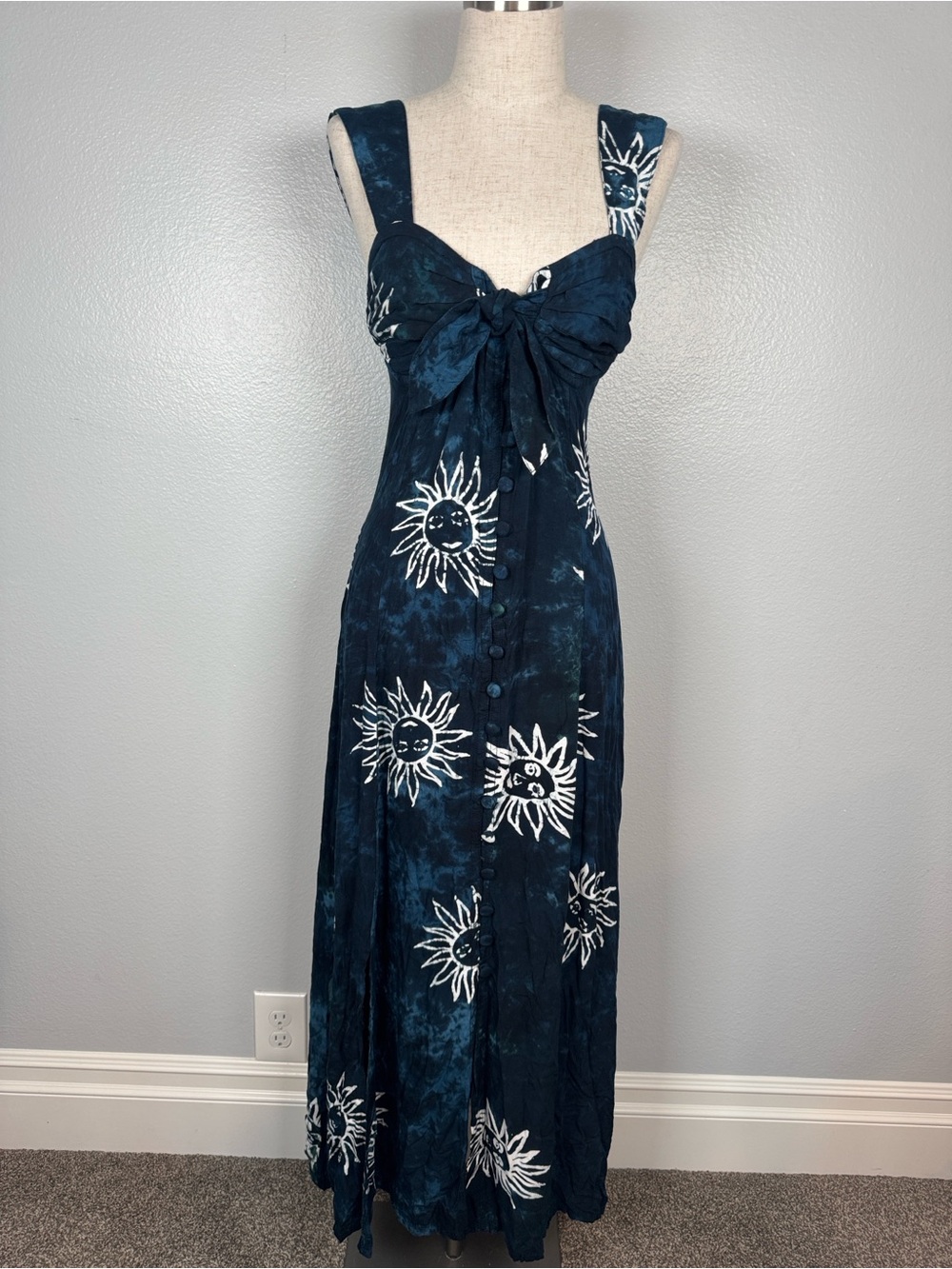Gazapati Navy Tie Dye Celestial Tie-Front Maxi Dress Bohemian Y2K Size Small